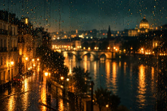 雨夜的窗，城市的灯光化作一片柔和的光斑